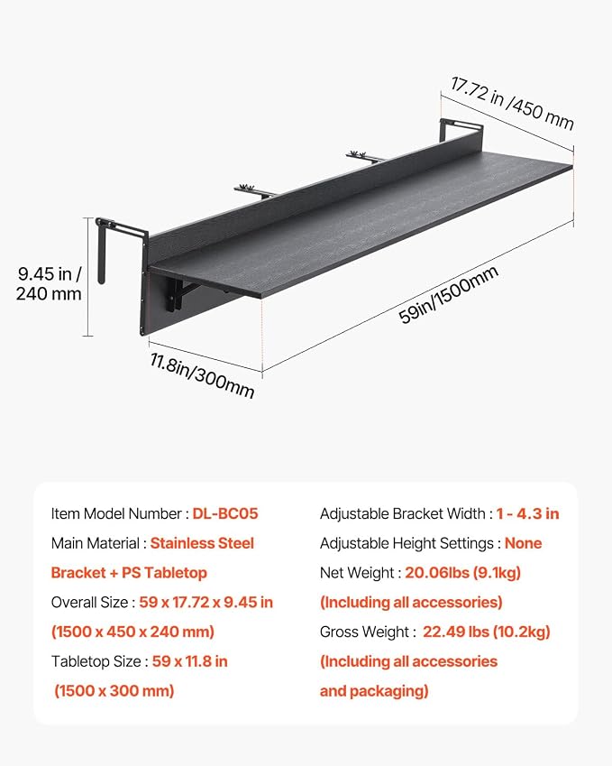 VEVOR Balcony Hanging Table, 59 x 12 inch, Outdoor Balcony Bar Table for Railings, 50 lbs Loading, Fit Railing from 1" to 4.3", Serving Table for Patio & Deck