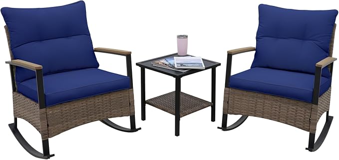 EAGLE PEAK 3 Piece Mojave Dusk Outdoor Conversation Set, Patio Wicker Furniture, 2 Rocking Chairs and Side Table, Light Brown/Blue
