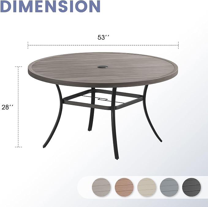 VICLLAX 53" Round Patio Table, Outdoor Dining Table for 8 with Umbrella Hole for Garden Lawn Deck Backyard, Antique Grey