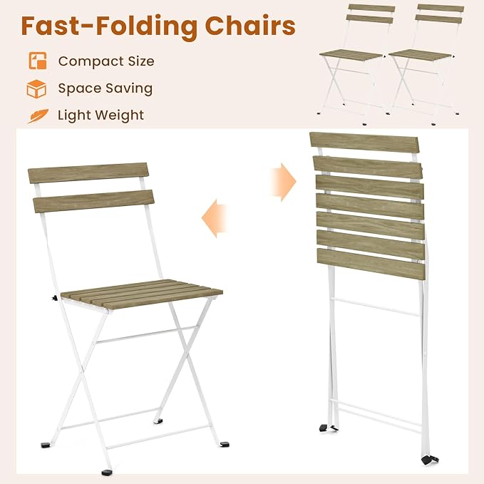 Tangkula 3 Pieces Patio Dining Set, Outdoor Square Table and Folding Chairs with Metal Frame, Space Saving Furniture Set for Yard Porch Deck Backyard (Grey)