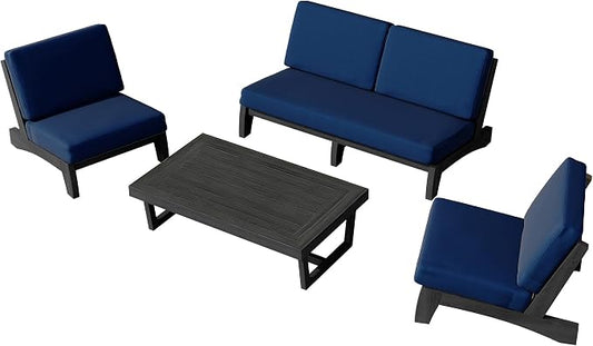 4 Piece Teak Outdoor Patio Frutnire Set, 5 Seater Patio Conversation Sets with Thick Cushions, Outdoor Sectional Furniture with Coffee Table - Navy Blue