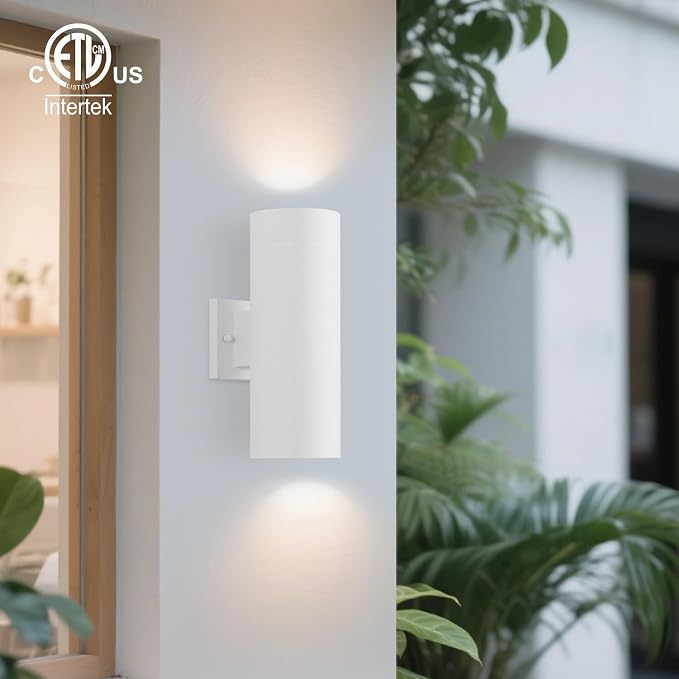 mirrea 14" Modern Outdoor Porch Light in 2 Lights, Matte White, 2 Pack | Aluminum cylinder exterior fixtures, tempered glass cover, waterproof wall sconce & patio light for outdoor use.