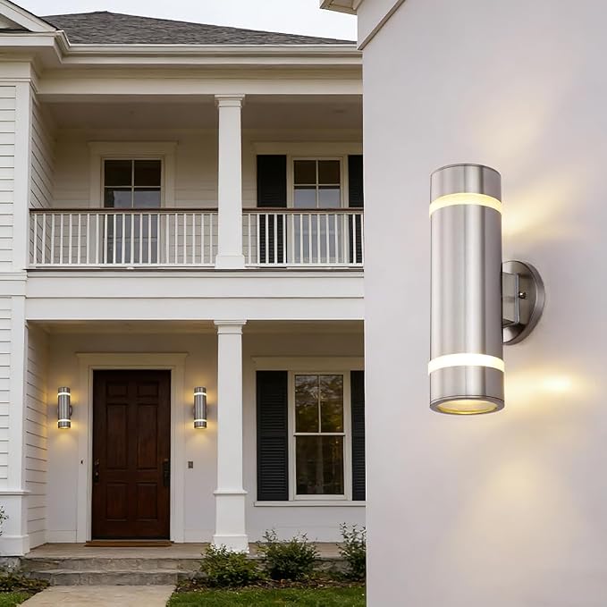13" Stainless Steel Modern Outdoor Wall Sconce Cylinder Porch Light | E26 Base,UL listed,Brushed Nickel Up and Down Lights Outdoor Exterior Lighting Fixture for House Garage Patio Porch Garden