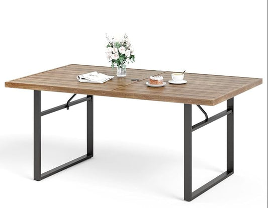 SUNSHINE VALLEY 64" Patio Dining Table for 6,Teak Color Rectangle Patio Table with Umbrella Hole,E-Coating and Powder Coating Steel Frame Metal Outdoor Patio Table for Garden Backyard Lawn Yard