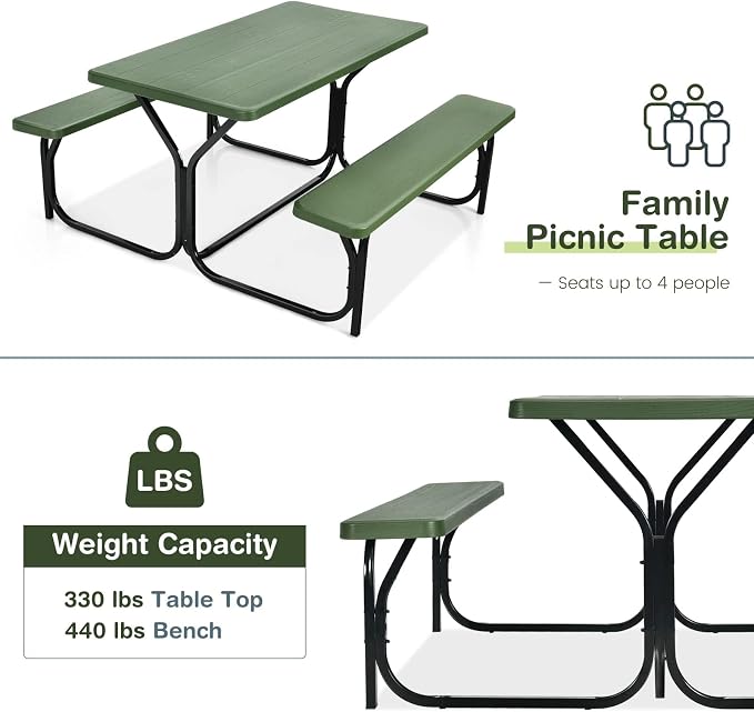 DORTALA Plastic Picnic Table for Outdoors, All Weather Faux Wood Patio Picnic Table Set with Benches for Outdoor, Cafeteria and Commercial, Green