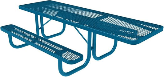 COATEDOUTDOORFURNITURE Heavy-Duty Portable ADA-Compliant Outdoor Picnic Table, Expanded Metal Patio Furniture Made in America (8ft Rectangular, One-Side Handicap, Light Blue with Light Blue Frames)