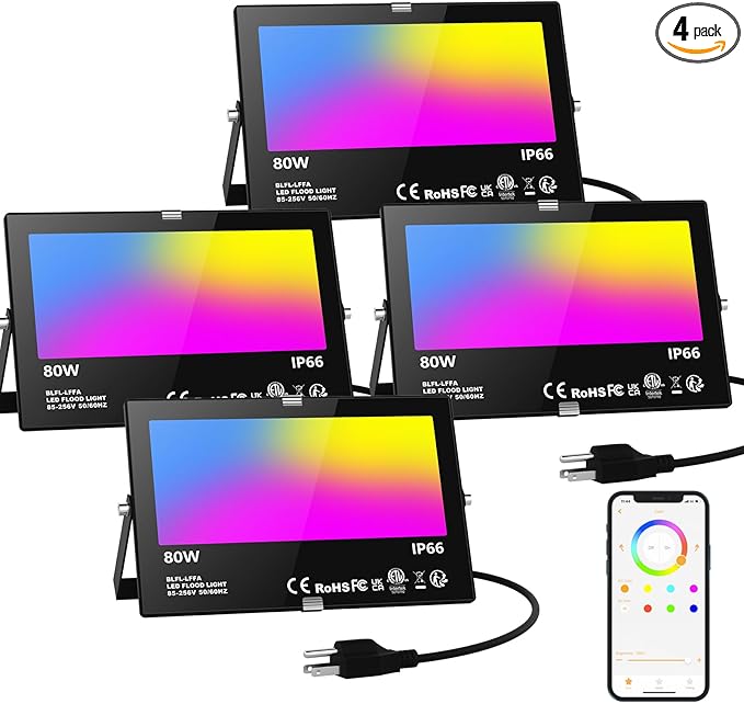 LED Flood Light Outdoor 800W Equivalent 8000LM, Smart RGB Color Changing Landscape Lighting with APP Control, IP66 Waterproof Outdoor LED Lights Daylight 5700K, DIY Scenes, Timing Floodlights, 4 Pack