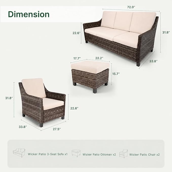 Wicker Patio Conversation Set, Outdoor Patio Chair Set with Deep Seating, Wide Armrests & Thick Cushions, All-Weather Outdoor Furniture Set for Patio, Porch, Deck & Backyard