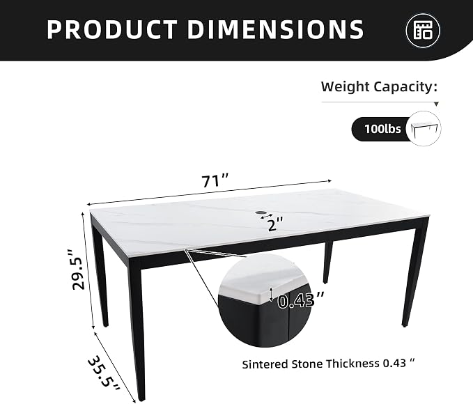Luxury Outdoor Aluminum Dining Table for 6-8, Rectangular Patio Table with White Marble Pattern Sintered Stone Top, Post Tapered Legs for Garden, Lawn, Weatherproof & Rust-Free