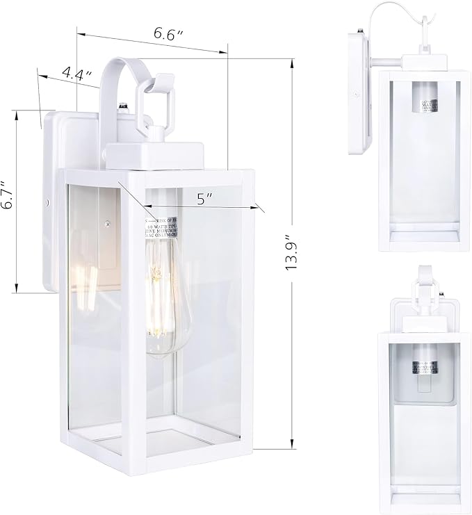 YN-WL009 Outdoor Wall Sconce with Dusk to Dawn Photocell Sensor, Traditional One Light Porch Light, Weather Resistant, Stainless Metal Housing, Clear Glass, White, 2-Pack