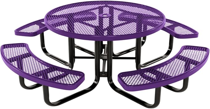 COATEDOUTDOORFURNITURE Heavy-Duty Portable Outdoor Kids Table with Umbrella Hole, Expanded Metal Kids Picnic Table, Commercial-Grade, Made in America (46 in, Round, Childrens, Purple)