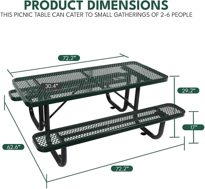 6 ft Outdoor Picnic Table with Umbrella Hole, Heavy-Duty Steel Frame, Rectangular Weather-Resistant Dining Table for Backyard, Patio & Garden, Green
