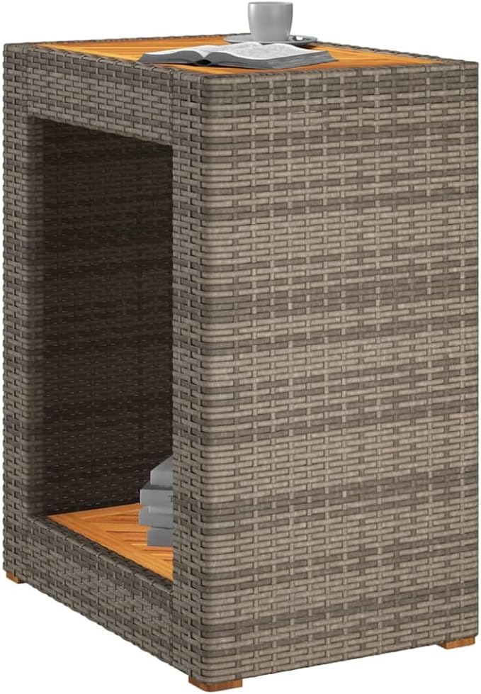 Patio Side Table with Wooden Top Gray 23.6"x15.7"x29.5" Poly Rattan Coffee End Table Outdoor Furniture for Garden, Patio, Backyard, and Living Room
