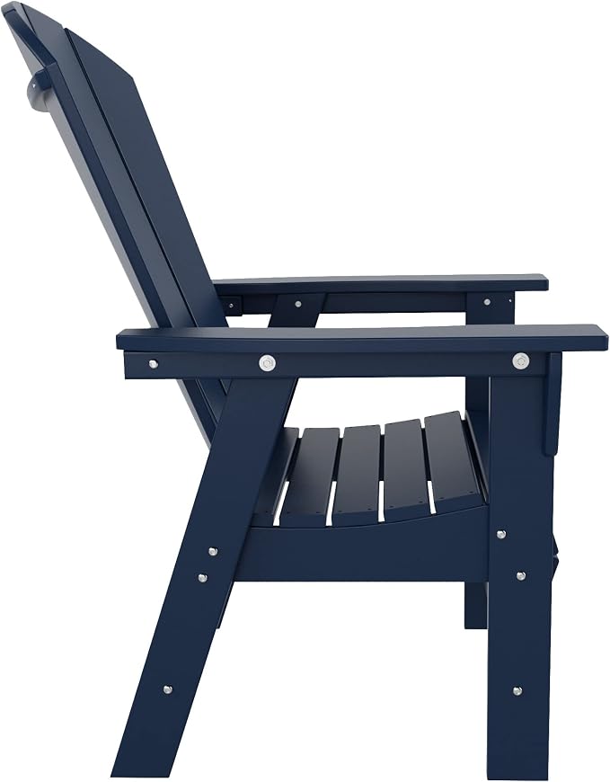 WestinTrends Malibu 6 Piece Adirondack Patio Dining Set with Bench, All Weather Poly Lumber Outdoor Table and Chairs, 71" Trestle Dining Table, 4 Adirondack Chair with Dining Bench, Navy Blue