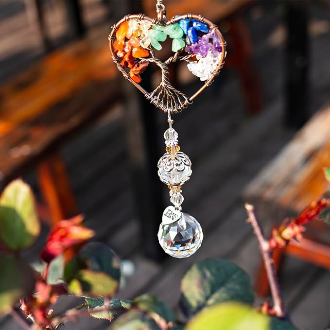 Tree of Life Heart Crystal Ball Prism Suncatcher Pendant Decor | Tree of Life Heart Shaped Crystal Ball Prism Pendant Suncatcher Window Hanging Ornament for Home Garden Office Wedding Decor