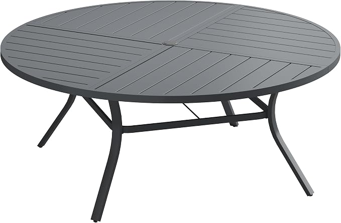 VICLLAX 63" Round Outdoor Table, Patio Dining Table for 8-10 with Umbrella Hole for Garden Lawn Deck Backyard, Dark Grey