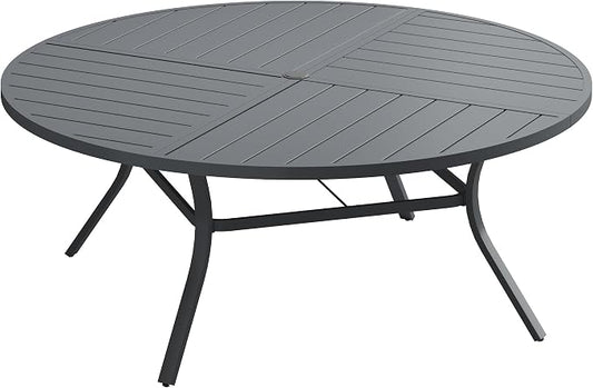 VICLLAX 63" Round Outdoor Table, Patio Dining Table for 8-10 with Umbrella Hole for Garden Lawn Deck Backyard, Dark Grey