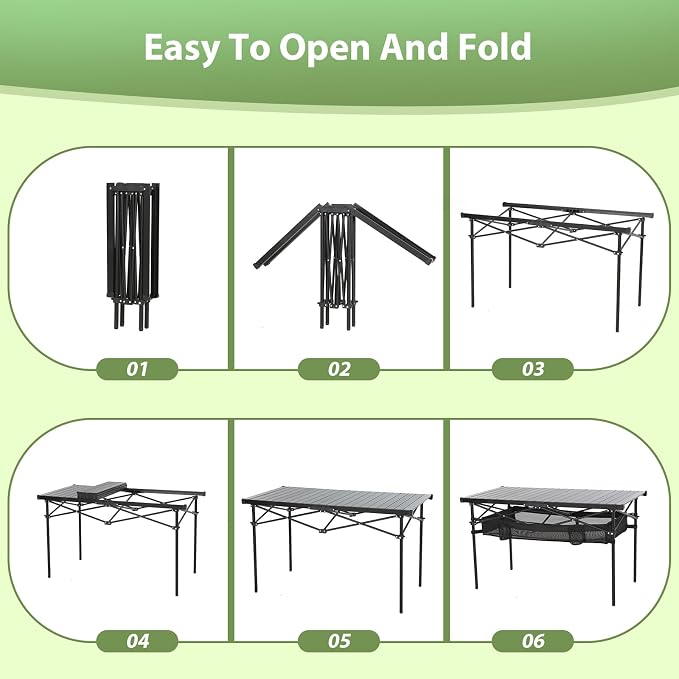 Nice C Portable Folding Camping Table, Aluminum Lightweight Roll-up Top Indoor&Outdoor Collapsible Table, with Mesh Net, Cup Holder, Carry Bag, Steel Frame, for Camping, Sports, BBQ, Picnic (Black)
