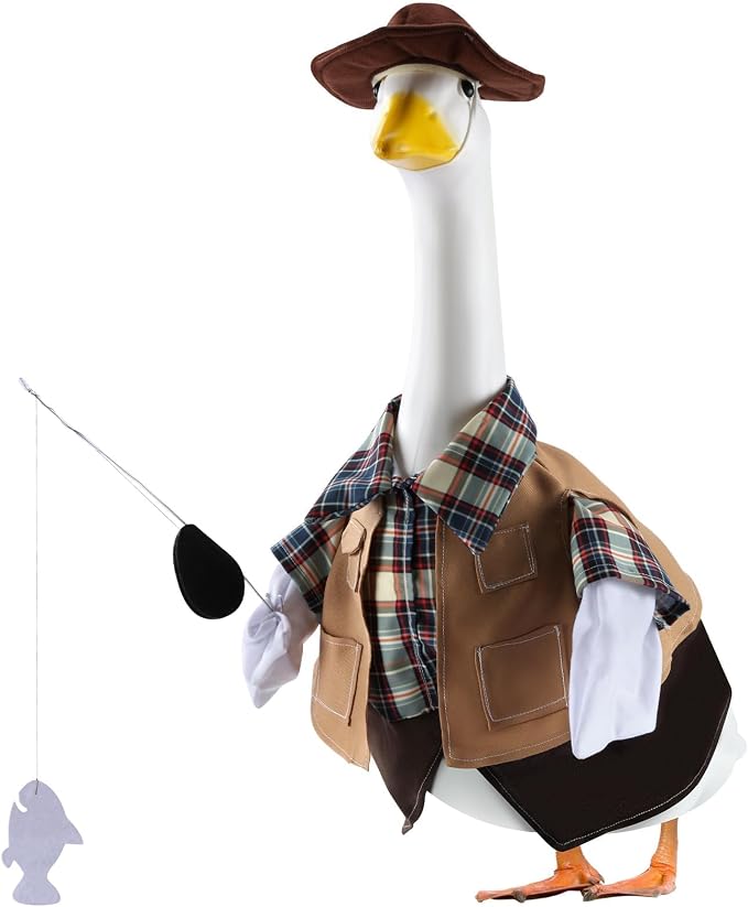 Fishing Porch Goose Outfits for 23 Inch Lawn Statue | Fisherman Costume for Plastic/Cement Statue, Duck Sculpture Clothes for Spring Summer Yard Patio Party Decoration