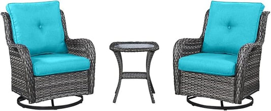 HUMMUH 3-Piece Swivel Rocking Rattan Chair Outdoor, Patio Bistro Furniture Conversation Set, Cushioned Wicker Chair with Glass Coffee Table(Grey,Blue)