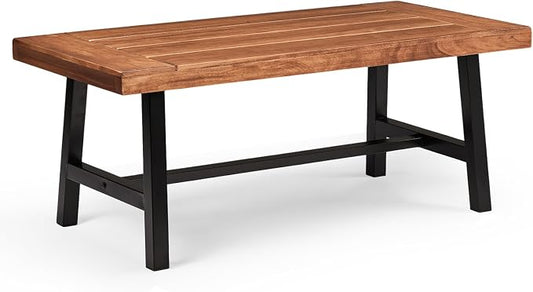 VINGLI Outdoor Wooden Coffee Table with Metal Frame - Heavy Duty 350lbs All-Weather Patio Table, Waterproof Solid Wood Top & Rust-Proof Steel Base for Balcony, Porch, Deck, Garden, Rectangle