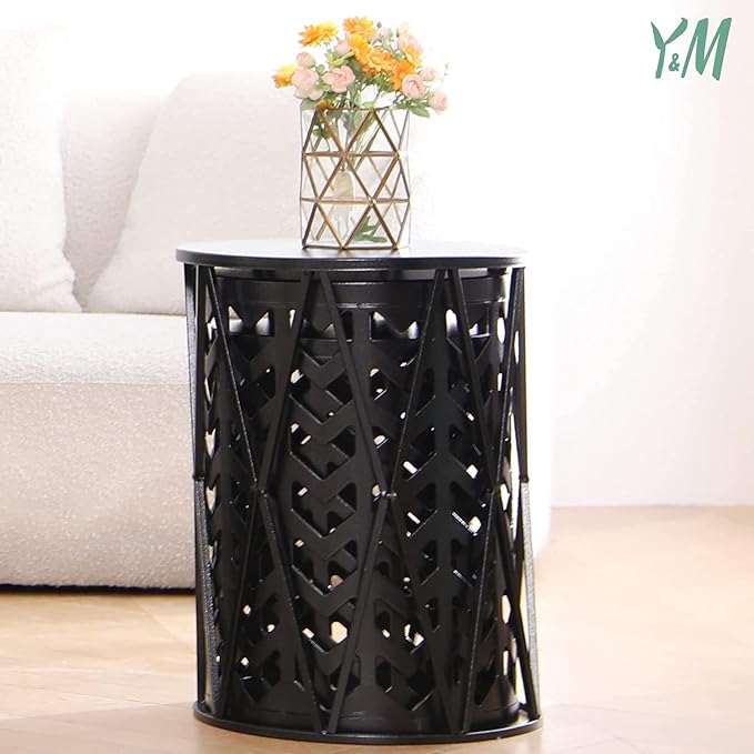 Y&M Set of 3 Black End Tables, Nesting Metal Round Coffee Table, Heavy Duty Meta Plant Stand Decorative Garden Stool, Outdoor Multifunctional Use