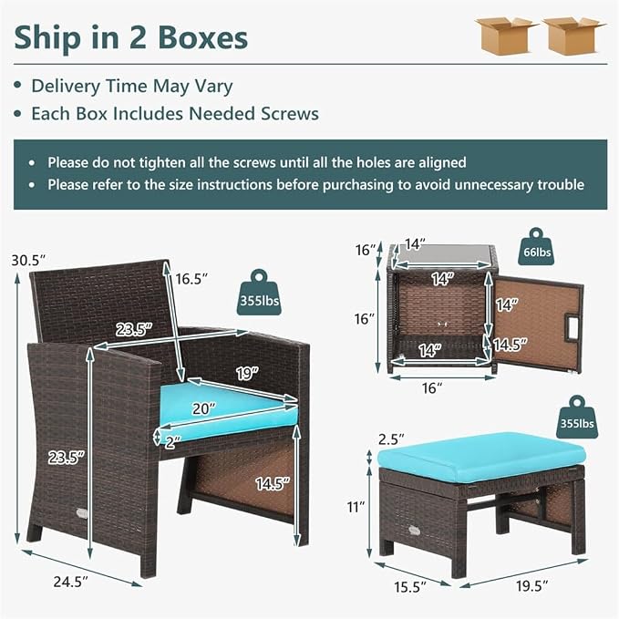 55PCS Patio Rattan Furniture Set Ottoman Cushion W/Cover Space Saving Turquoise