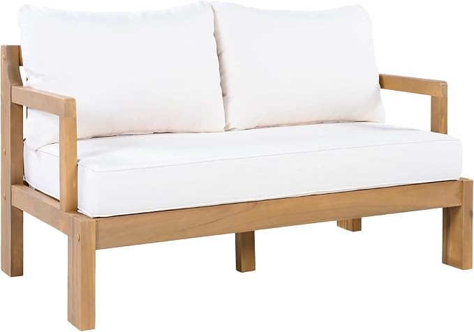 JIVOIT Outdoor 4-Seater Acacia Wood Patio Chat Set, 4 Pieces Conversation Set with Club Chair, 2 Seater Sofa and Coffee Table, Outdoor Seating Group for Garden, Backyard, Balcony