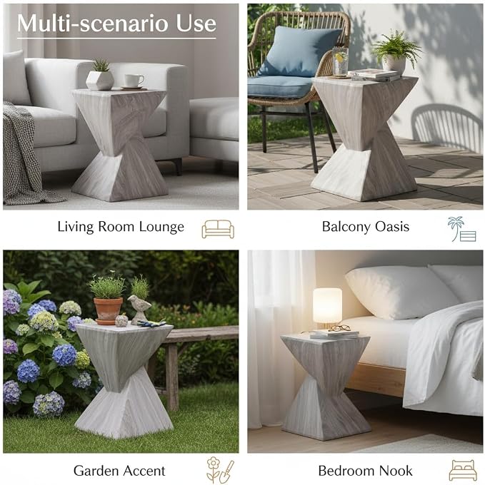 Merax 18.5" H Modern Outdoor Concrete Side Table, Patio End Table with Sculptural Fluted Design, Weather-Resistant Geometric Minimalism Accent Table for Garden, Balcony & Poolside, Gray Marble