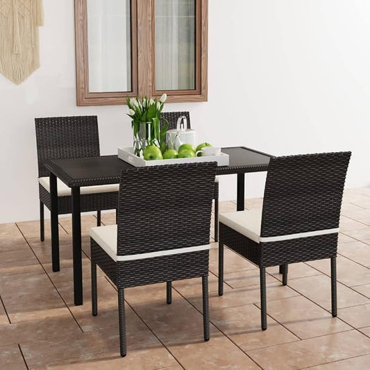 5 Piece Patio Dining Set Poly Rattan Black Outdoor Furniture Table and 4 Chairs with Cushions for Garden Backyard Porch Deck, Steel Frame Weather Resistant Wicker Dining Table Set Home Use