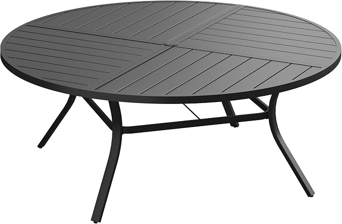 60" Outdoor Dining Table with Adjustable Umbrella Hole, Metal Slatted Round Patio Dining Table for Backyard Garden Deck, Black