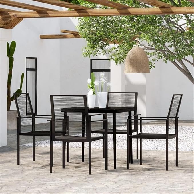BOWERY HILL 5-Piece Powder-Coated Steel/Glass/PVC Dining Set, Black Finish, Square Table with 4 Chairs, Water-Resistant Modern Outdoor Furniture for Patio, Garden, or Balcony