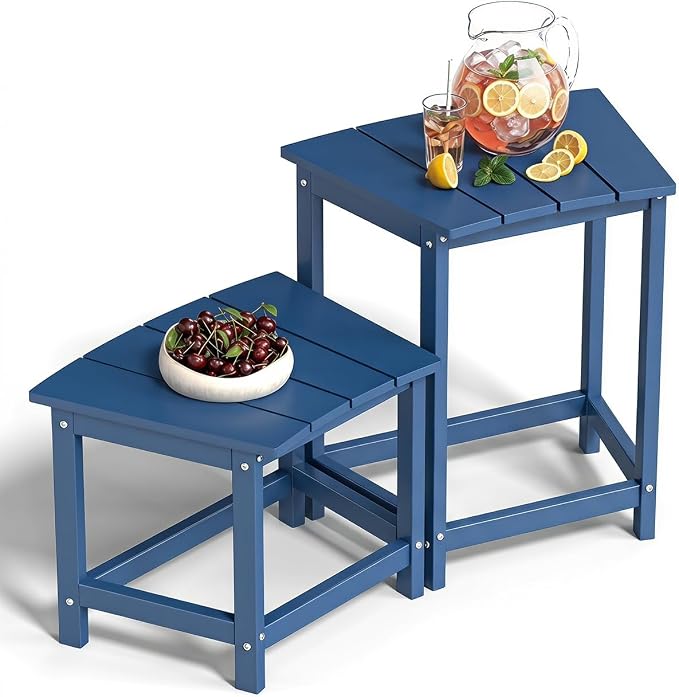 FOOWIN Adirondack Side Table Set of 2, 2-Tier Outdoor Side Table Weather Resistant, 40"& 60" H Small Patio Table Set, Purespa Accessory Bench Set for Outdoor or Indoor Use, Blue
