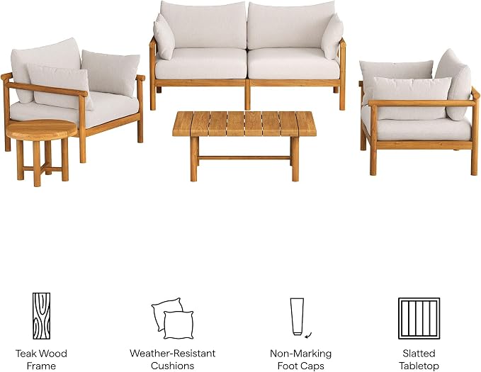Modway Eleni 5-Piece Outdoor Teak Wood Patio Furniture Set in Natural Sail – Backyard Conversation Set with Loveseat, 2 Armchairs, Side Table, and Coffee Table
