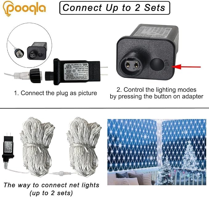 Pooqla Cool White Net Lights, 34.5X 5ft Christmas Lights Outdoor Clear Wire | 610 LED Large Net Mesh Lights Plug in, 8 Modes Waterproof Connectable Bushes Lights for Christmas Hedge Yard Decor