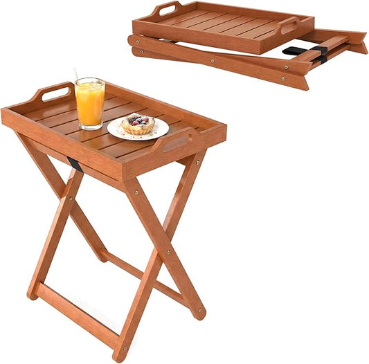HAPPYGRILL Outdoor Wood Tray Table Folding Side Table with Removable Serving Tray, Portable Patio End Table for Porch, Garden, Backyard, Poolside (1)