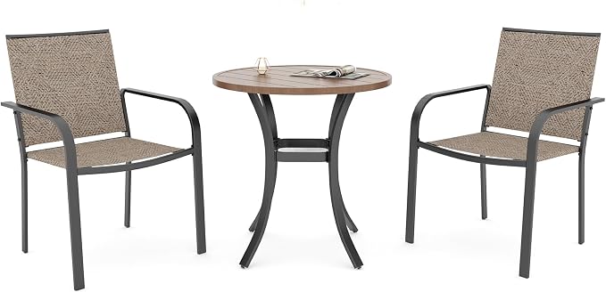 Anmutig Small Patio Dining Set with Outdoor 27.5" Wood-Like Brown Round Table Top and 2 Beige Stackable Chairs - 3 Piece