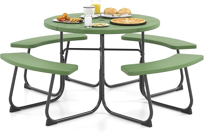 HAPPYGRILL 8-Person Picnic Table Bench Set with Umbrella Hole, 43” Outdoor Dining Table w/4 Benches, Wood-Like Texture Tabletop, Stable U-Shaped Base, Round Table for Backyards, Green