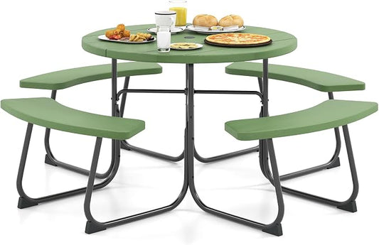 HAPPYGRILL 8-Person Picnic Table Bench Set with Umbrella Hole, 43” Outdoor Dining Table w/4 Benches, Wood-Like Texture Tabletop, Stable U-Shaped Base, Round Table for Backyards, Green