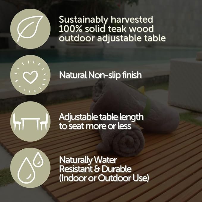 Nordic Style Backyard Premium Teak Wood Adjustable Outdoor Dining Table with Natural Finish – 79″-118″ (Dining Table Only)