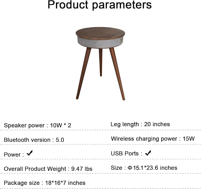 Louis Donné Smart End Table with Bluetooth Speakers, Round Side Table with Wireless Charger, Smart Coffee Table for Outdoor Pool Parties Patio Camping, 360 Degree Premium Sound (Walnut Color)
