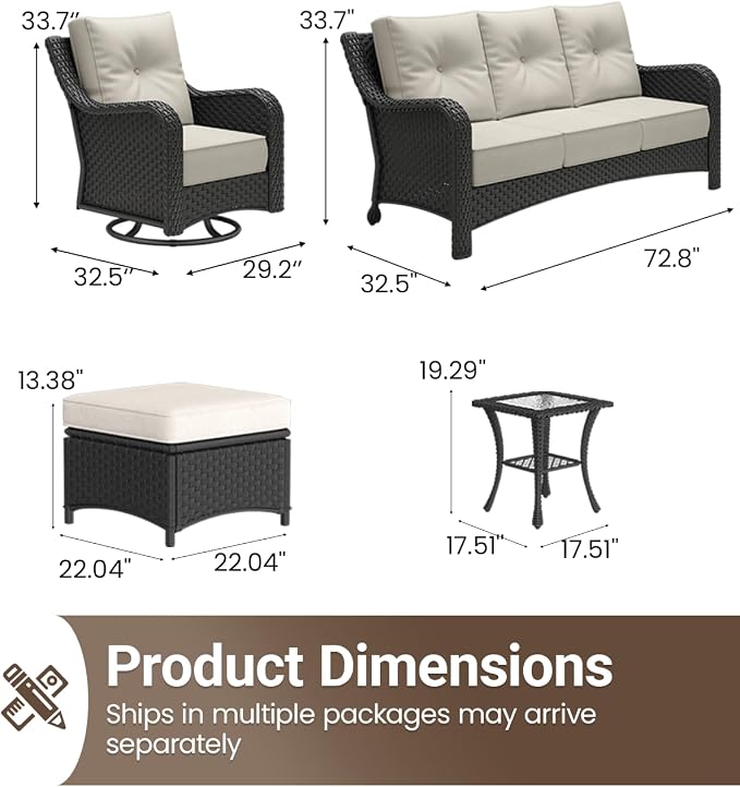 9 Pieces Outdoor Furniture Set with 6-inch Cushions, High Back Wicker Swivel Rocker Chairs with Coffee Table, Luxury Conversation Set for Deck Patio and Poolside