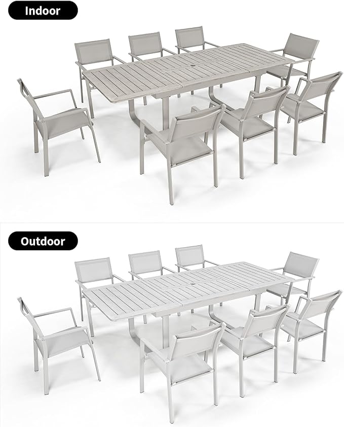 9 Pieces Outdoor Dining Set, Expandable Patio Dining Set for 8 Person, Never-Rust Aluminum Patio Furniture Set with Extendable Dining Table and Stackable Dining Chairs for Backyard, Deck, Lawn