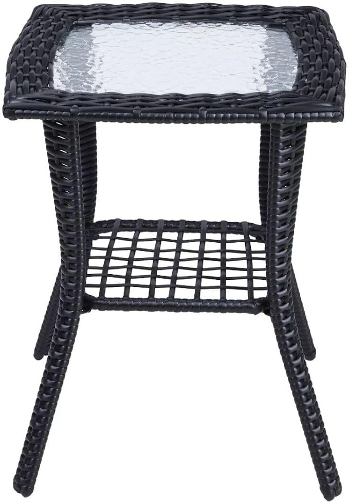 Patio Wicker Side Table, Outdoor PE Rattan End Table with Tempered Glass Top and 2-Tier Storage Shelf, Square Coffee Table for Deck Porch Garden Backyard- Black