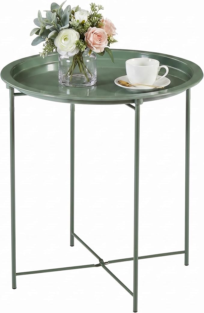 VECELO Side/End Table, Folding Round Metal Anti-Rust and Waterproof Outdoor or Indoor Tray for Living Room Bedroom Balcony and Office, 1 PCS, Dark Green