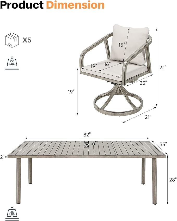 9-Piece Patio Dining Set with 8 Swivel Chairs, Never-Rust Aluminum Outdoor Dining Set, Patio Swivel Dining Set with Wraparound Seating, Outdoor Dining Table Set for Porch, Lawn, Deck, Gray Oak