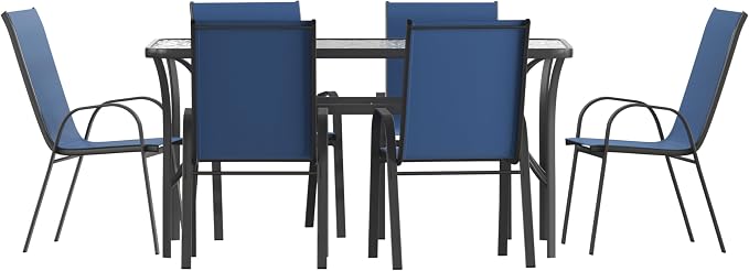 Merrick Lane Bardwell 7-Piece Outdoor Dining Table Set for 6, Glass Top Table with Hole for Umbrella, 6 Breathable Textilene Stackable Patio Chairs, Navy/Black