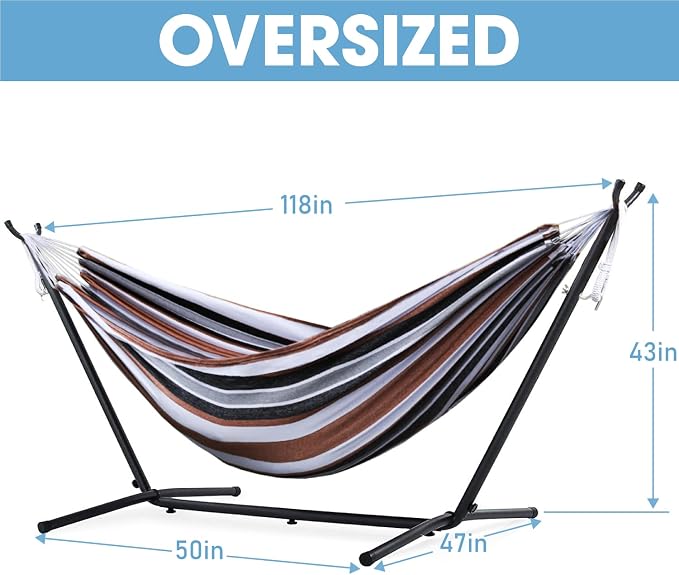 550lbs Capacity Double Hammock Adjustable Hammock Bed with 10ft Heavy Duty Steel Stand Includes Portable Carrying Case, Easy Set up