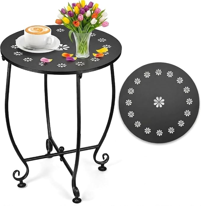 14 Inch Outdoor Side Tables for Patio, Weather Resistant Steel Patio Side Table, Small Round Outdoor End Table Metal Side Table for Patio Yard Balcony Porch Garden Black