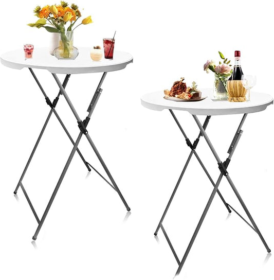 32in Round Folding Cocktail Table Bar Height White 2 PC | 32in round folding bar height table set, detachable legs, portable for indoor outdoor weddings parties events, 2 pack